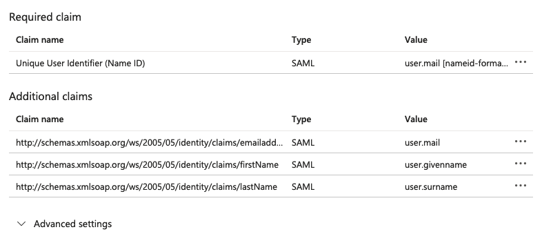 Azure: The list of claims used by the SAML setup, including the optional claims for given name and surname