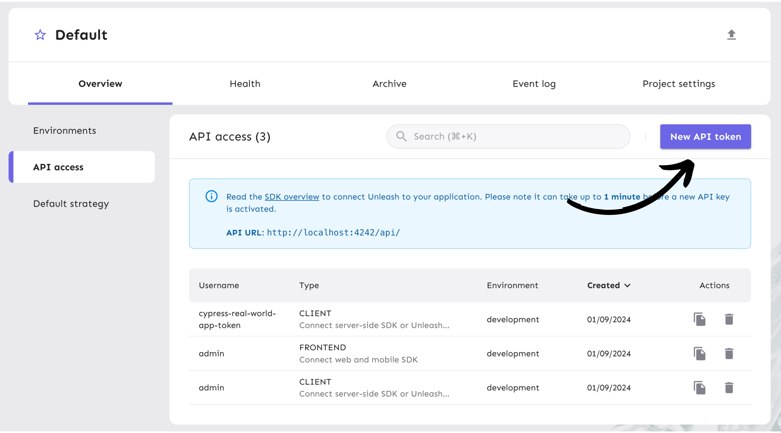 Create a new API token in the API Access view for your Spring Boot application.
